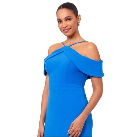 Xscape Evenings 6296X Cold Shoulder Handkerchief Hem Scuba Crepe Gown NWT $249 - Picture 4 of 7